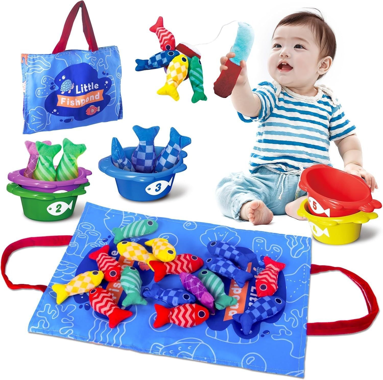 Montessori Cloth Fishing Toy for Toddlers - Sensory Play, Fine Motor Skills, Hand-Eye Coordination - Educational Learning Game with Storage Mat