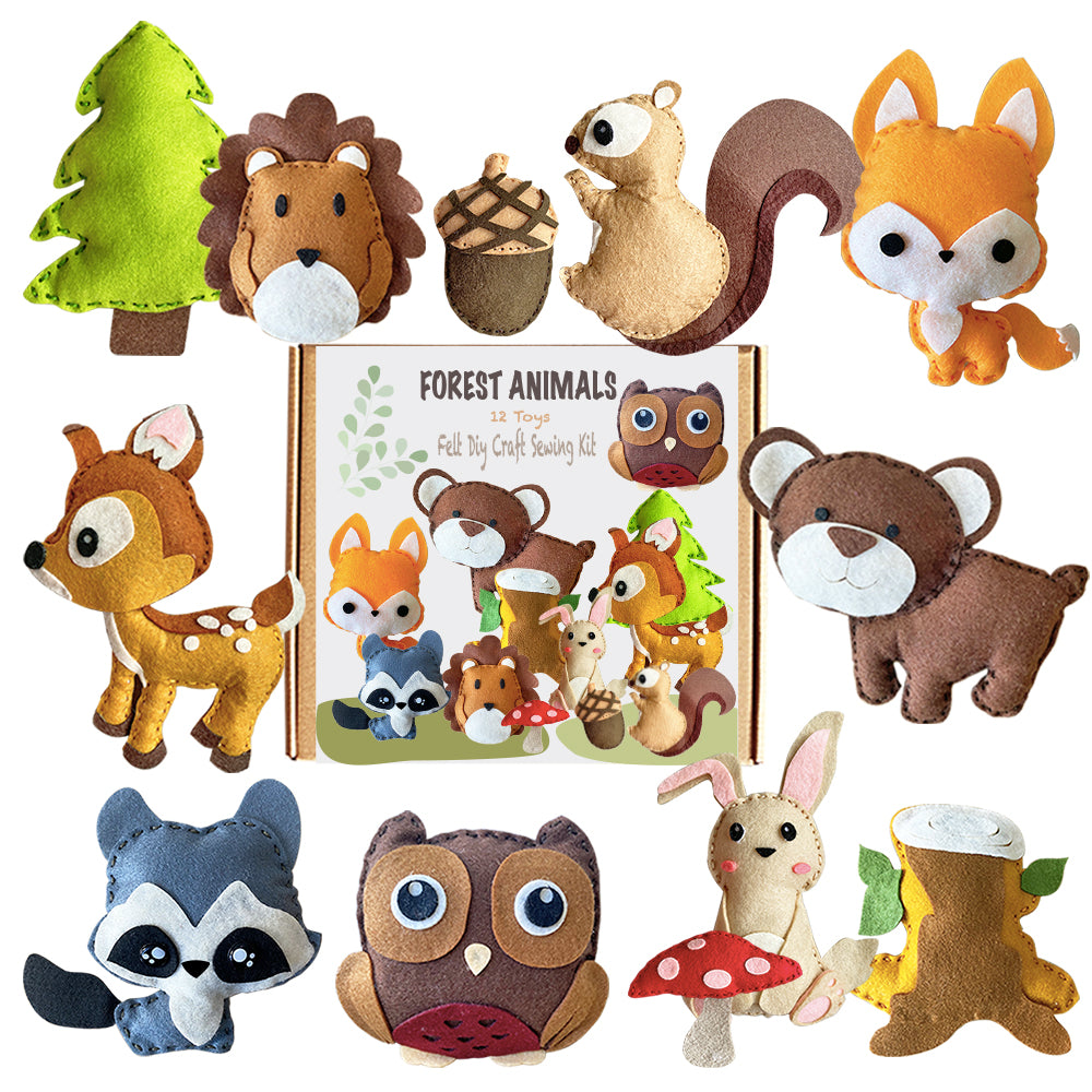12pcs Felt DIY Sewing Crafts (Forest Animal DIY Set),Stitch & Sew Your Dinosaur Stuffed - DIY Crafts Set for Kids