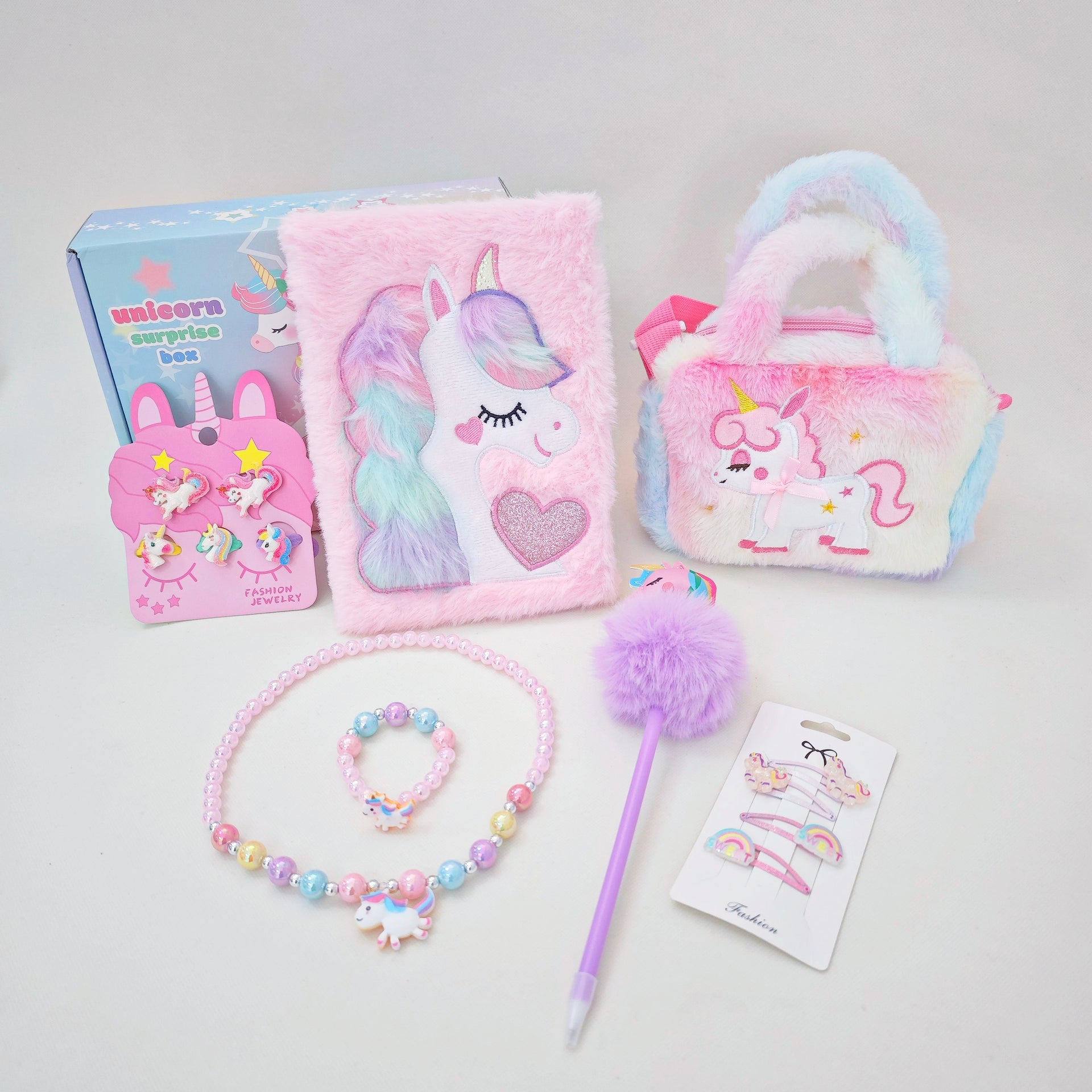 Unicorn Series Plush Cover Notebook Gift Box Set for Girls - A5 Notebook, Hair Ties, Hair Clips, Necklace, Bracelet,  Crossbody Bag