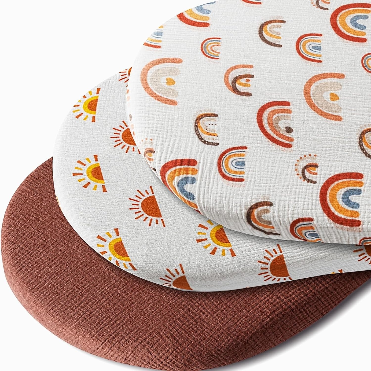 Organic Cotton Bassinet Sheets 3-Pack - Universal Fit for Rectangle, Oval, Pram & Hourglass Bassinets | Rainbow, Sun, Brown Prints | 100% Soft Baby Crib Mattress Covers