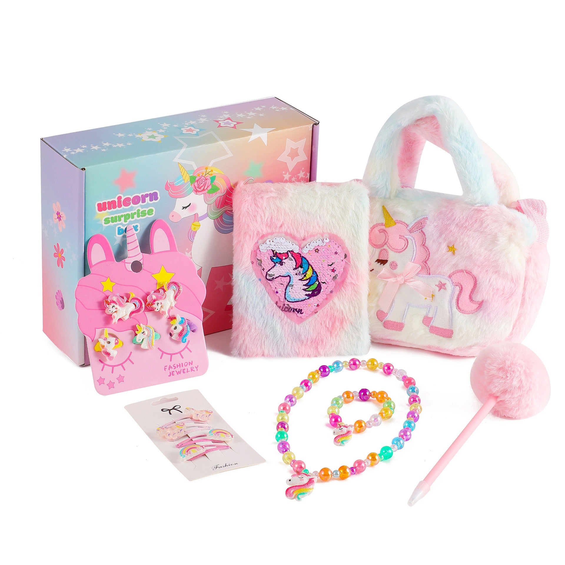 Unicorn-Themed Stationery Gift Box for Girls - Includes Plush Notebook, Pen, Necklace, Bracelet, Hair Accessories, and Tote Bag - Perfect Birthday Gift Set