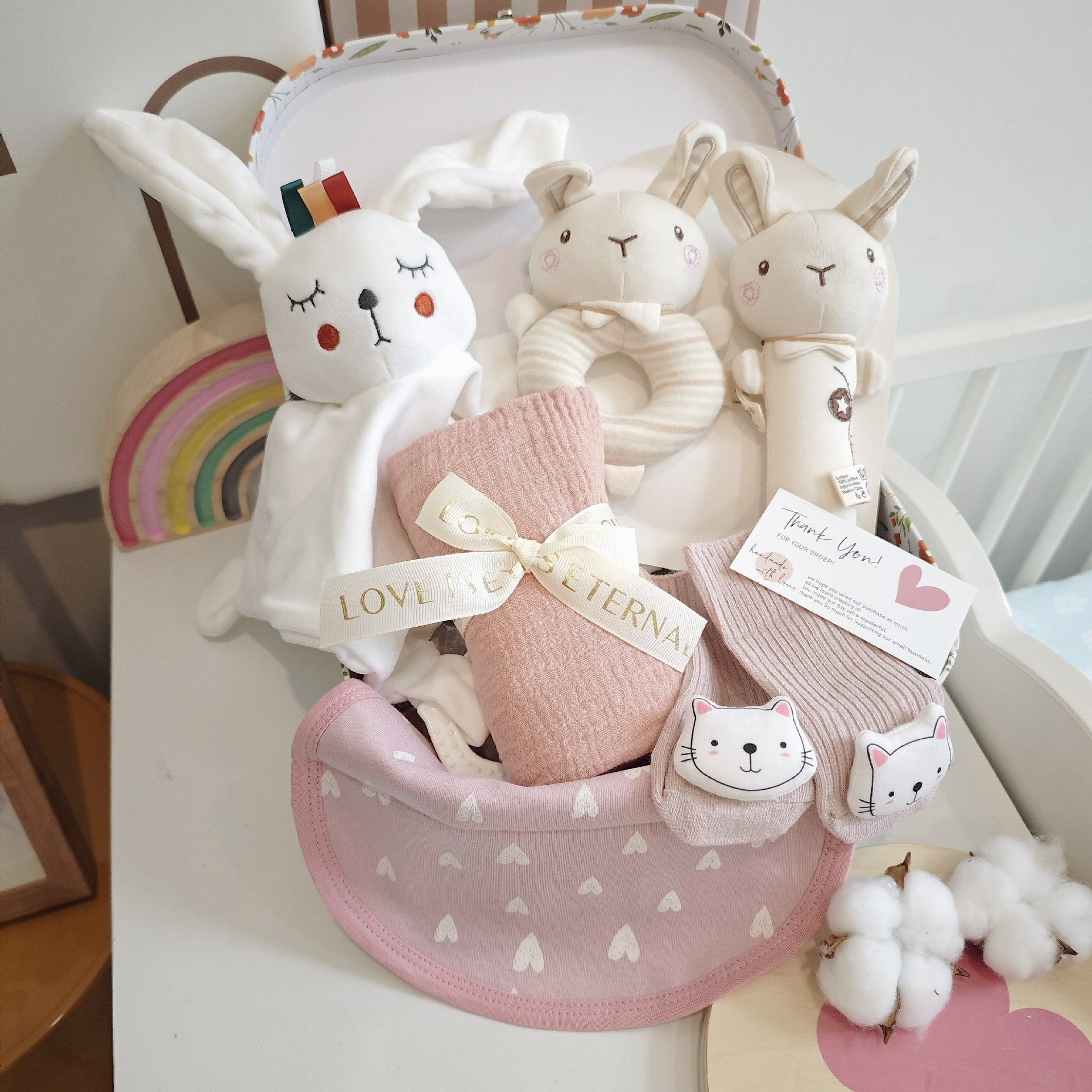Newborn Baby Gift Box Set - 0-6 Months Baby Essentials with Swaddle Blanket, Burp Cloth, Socks, Bunny Rattle, and Security Blanket - Perfect Newborn Gift or Baby Shower Present