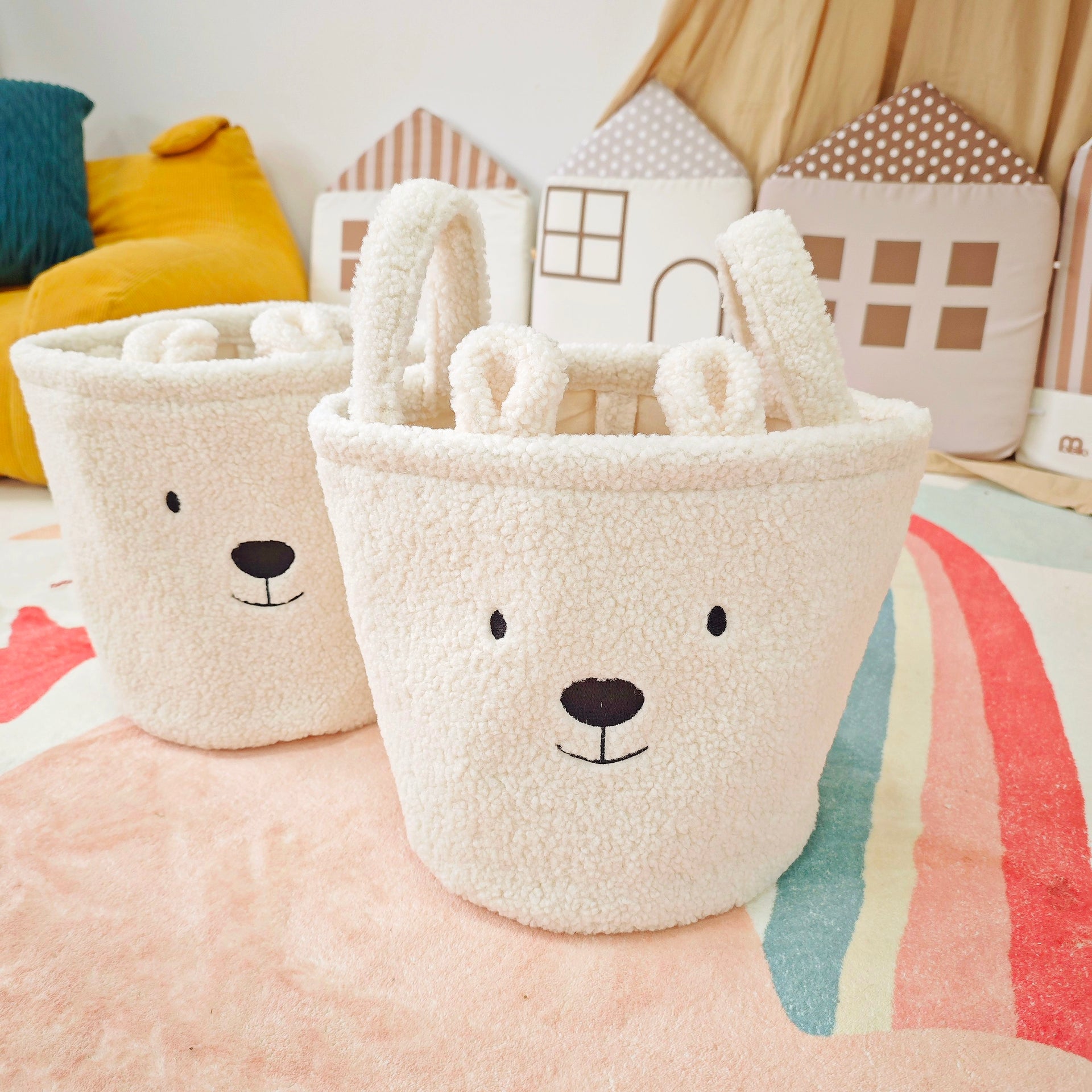 Embroidered Bear Head Canvas Storage Basket - Plush Faux Fur Lining, 2 Sizes (37x33cm & 27x23cm)