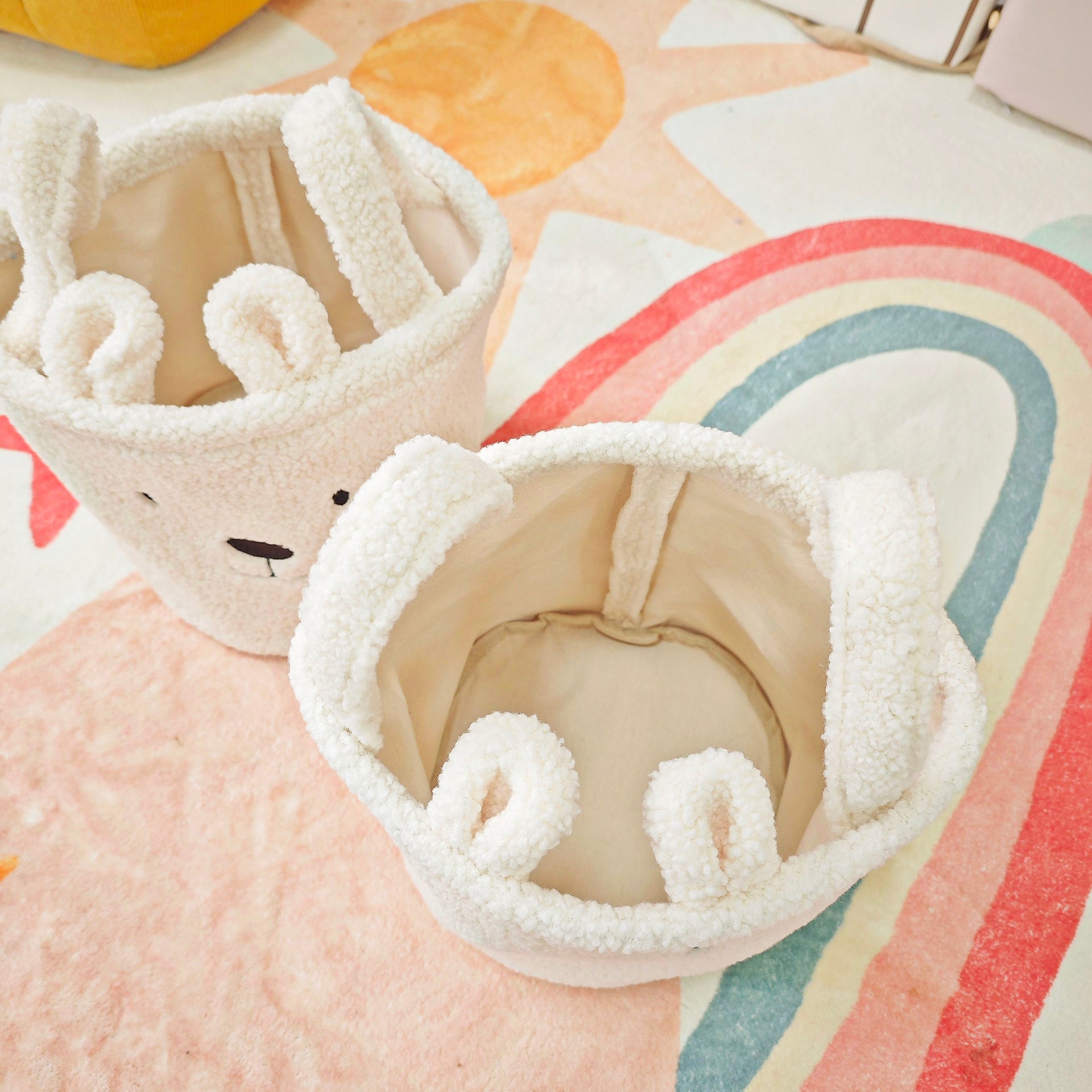 Embroidered Bear Head Canvas Storage Basket - Plush Faux Fur Lining, 2 Sizes (37x33cm & 27x23cm)