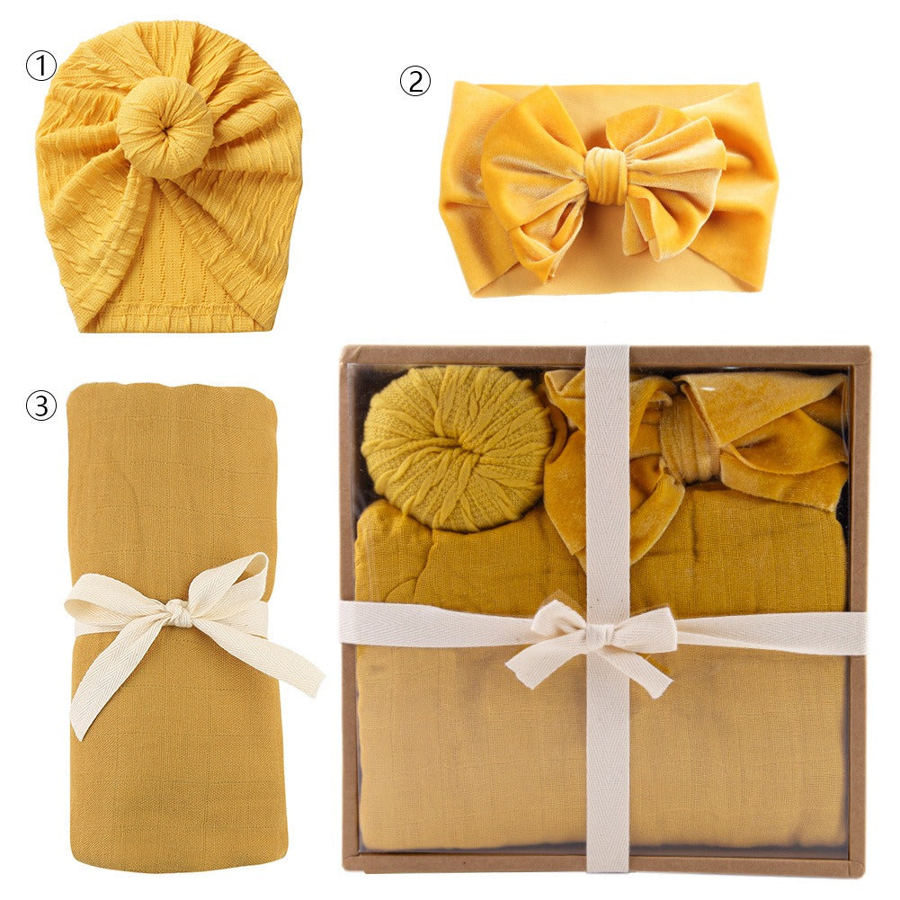Newborn Swaddle Set - Baby Swaddle Blanket, Hat & Headband with Bow - Anti-Startle Elastic Swaddle Wrap - 3-Piece Baby Gift Box for New Parents