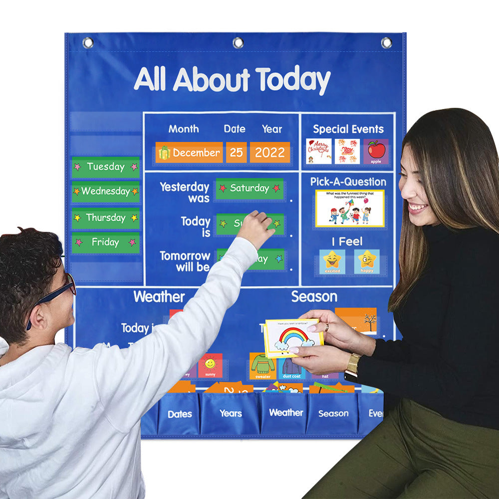 All About Today Learning Center Pocket Chart Classroom Daily Activities Chart Center,Weather & Calendar Pocket Chart Circle Time (Blue) teaching aids