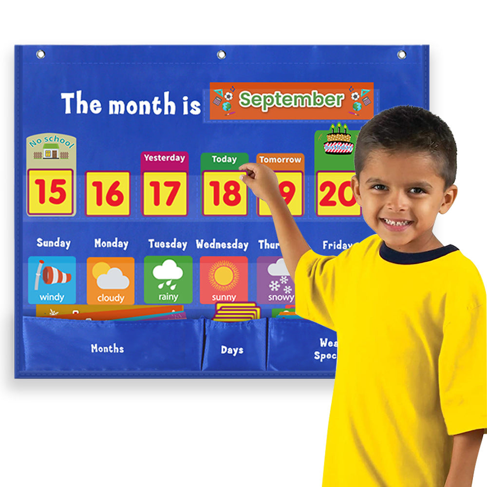 Weekly Calendar with Weather Pocket Chart Elementary for Classroom Home,98 Bright Cards Included,Learning Pocket Chart Calendar for Kids Toddlers