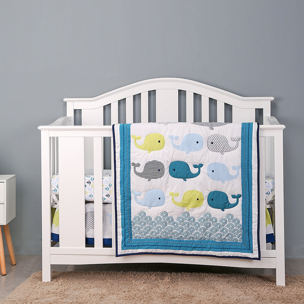 4-Piece 100% Cotton Crib Bedding Set, Baby sea World Decor, Crib Bedding Sets for Boys, Bright Blue and Grey,Safari Nursery Decor, Comforter, Skirt, Crib Sheet (4 Piece Crib Bedding Set - Whales)