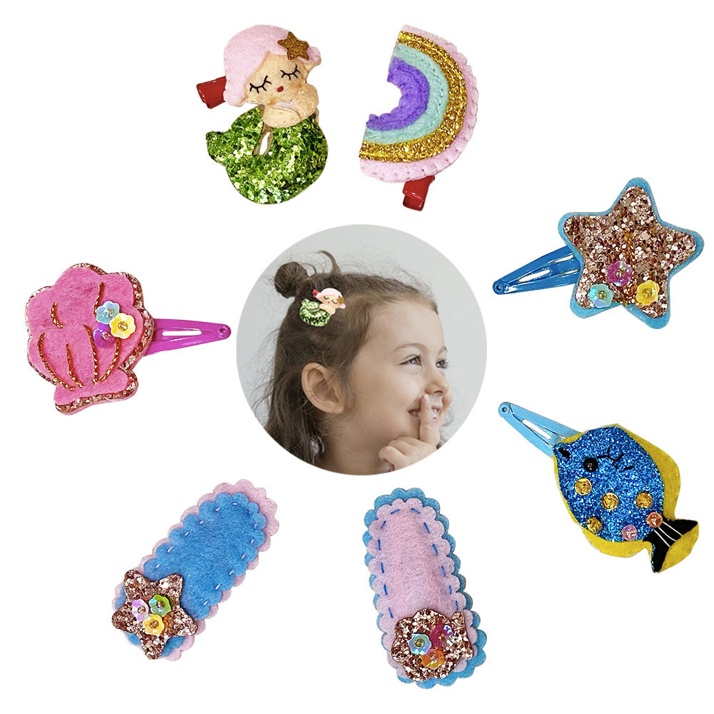 handmade 7pcs Baby Girls Hair Clips Cartoon Design mermaid shell starfish rainbow Barrettes within gift box package (mermaid and sea animal set)