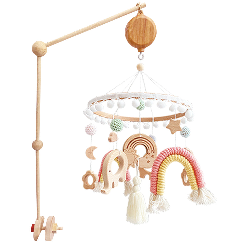 Baby Crib Mobile - Rainbow elephant Crib Mobile Wooden Mobile with Colorful Cotton Ball Wool Felt Ball Boho Baby Mobile Bassinet Mobile for Crib Toy Mobile for Baby Nursery and Ceiling Decoration