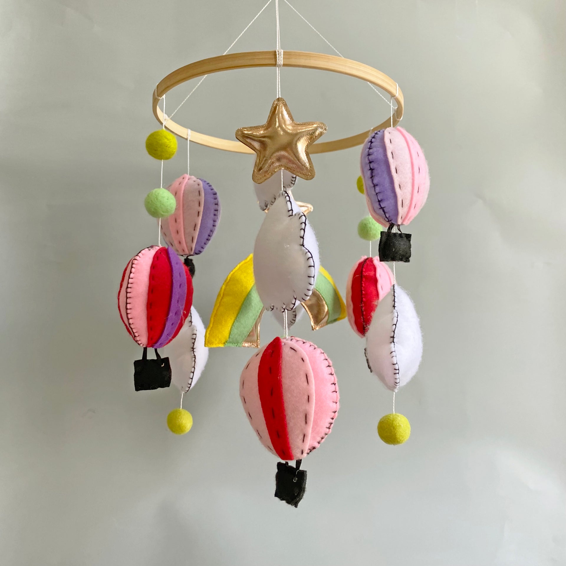 handmade hot-air balloon baby crib mobile with wood hanger