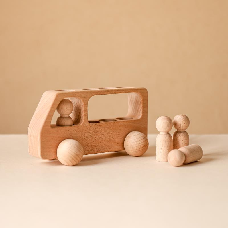 4 Wooden Figures in The Bus - Peg Dolls Unfinished Wooden Peg People Cars Wooden Figures Shape Preschool Learning Educational Toys Montessori Toys for Toddlers