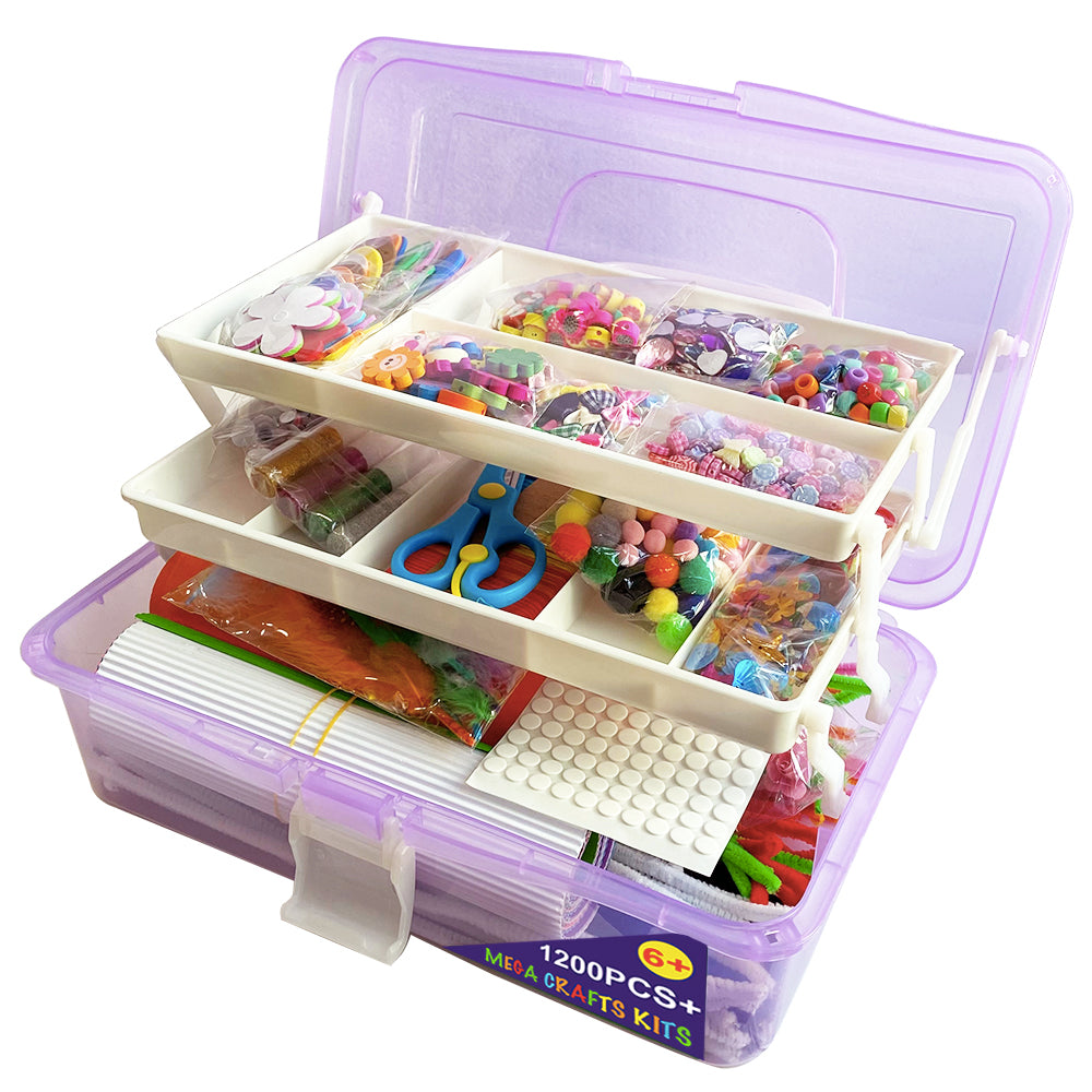 Mega Kids Crafts and Art Supplies case Kit - 1200+ Piece Set - Make Bracelets and Necklaces - Plus Glitter Glue, Construction Paper, Colored Popsicle Sticks, Google Eyes, Pipe Cleaners