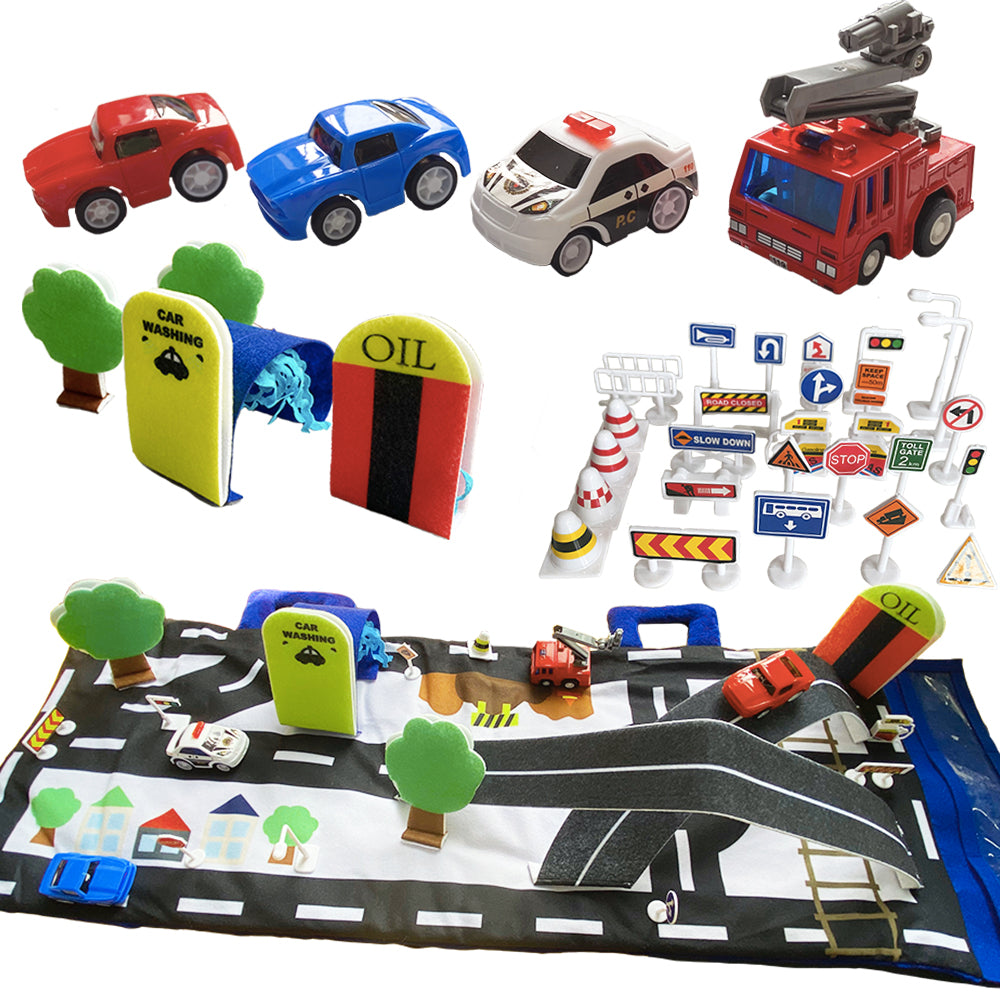 MOVEBO Car Toys with Play Mat, 4 Toy Cars, 28 Road Signs, 12" x 14.5" City Playmat, City Vehicle Set, Mini Pull Back Vehicle Toys for 3 4 5 Year Old Boys Toddlers