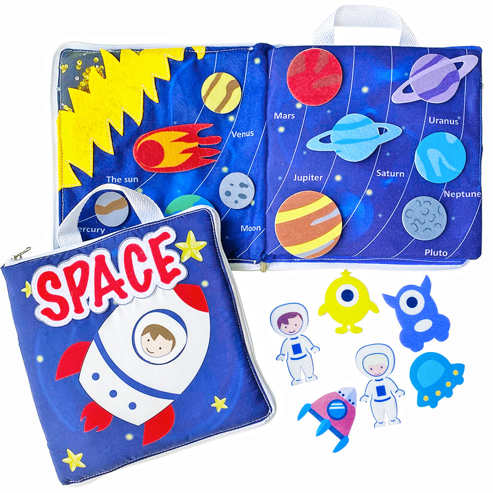 MOVEBO Soft Activity Book for Toddlers – Learning Sensory Quiet Bookfor 1 2 3 Year Old Toddlers Boy Girl , Montessori Cloth Book with 8 Interactive Daily Activities, Travel Toy for Kids (Space Book)
